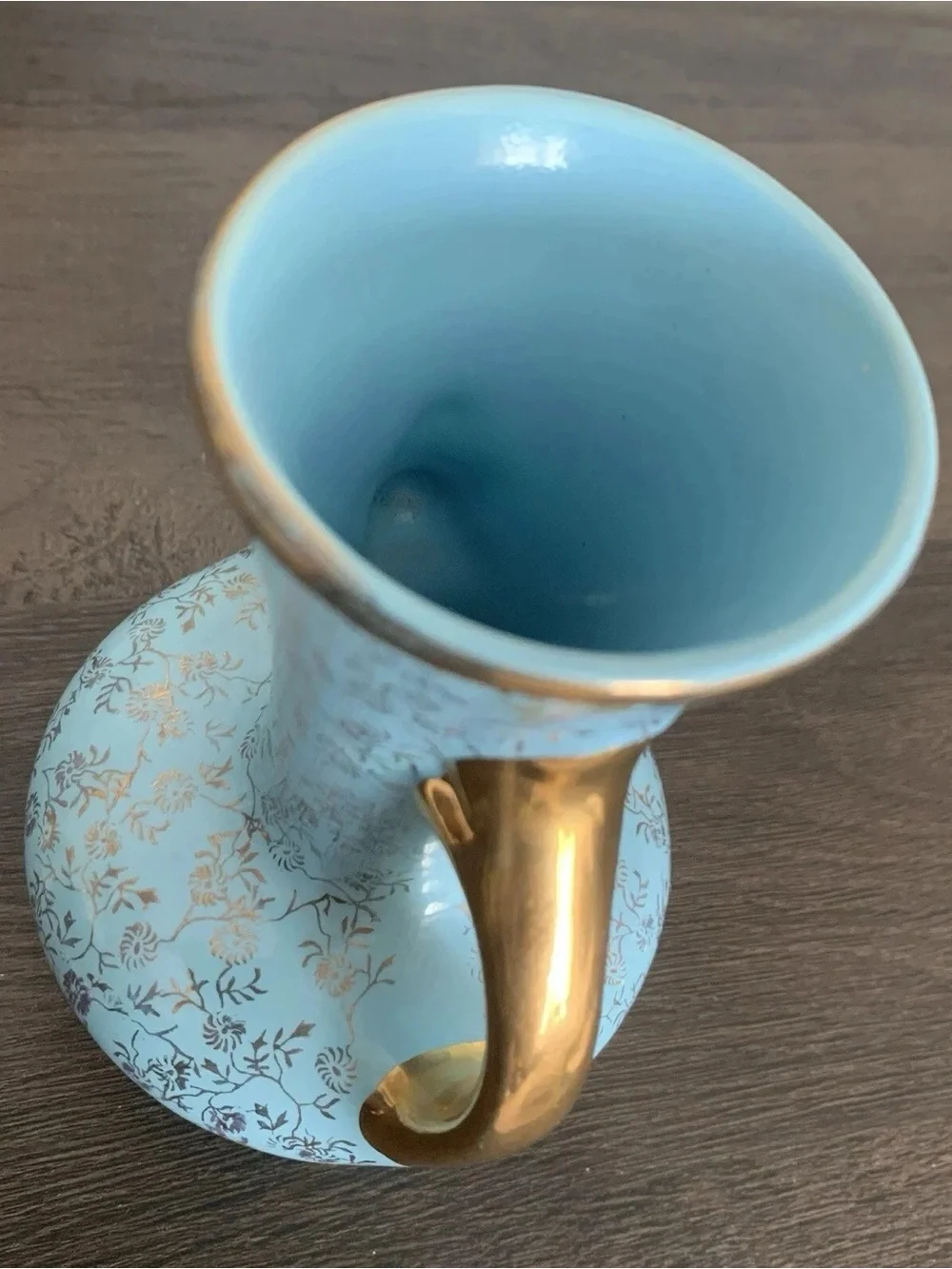 Pearl China Co Vintage Blue Floral Vase 22 KT Gold Double Handle Hand Decorated